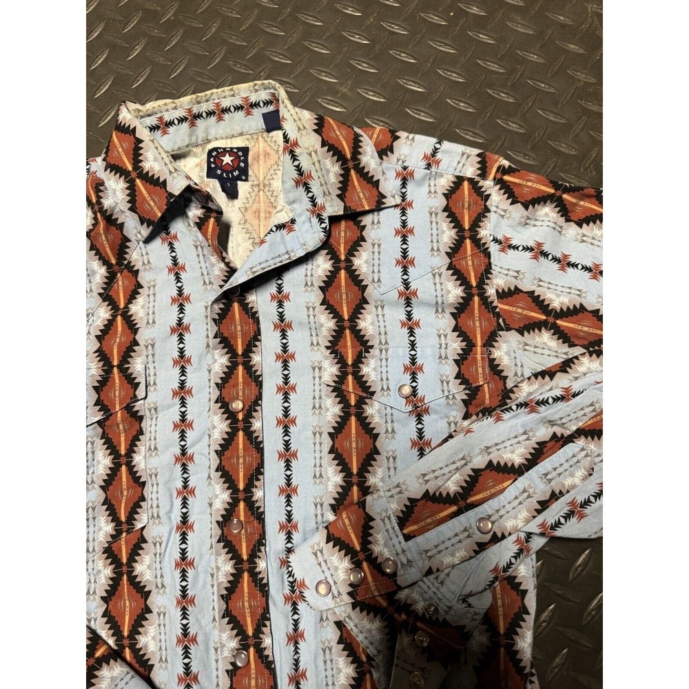 Vintage Panhandle Slim Shirt Mens SMALL blue/brow Button Up Aztec Western Cotton